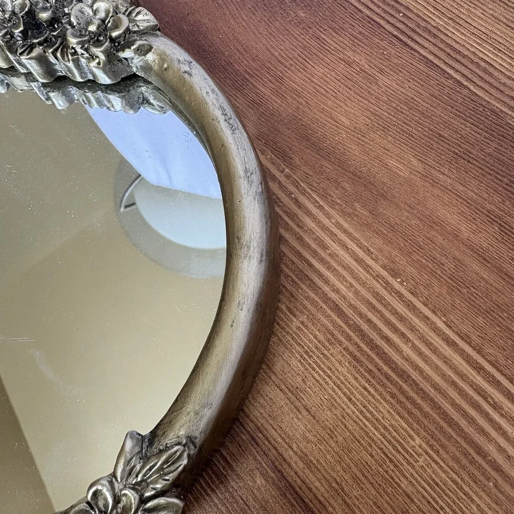 Vintage Ornate Floral Hand Mirror Silver Tone Cast Resin Vanity Mirror 12.5 Inch